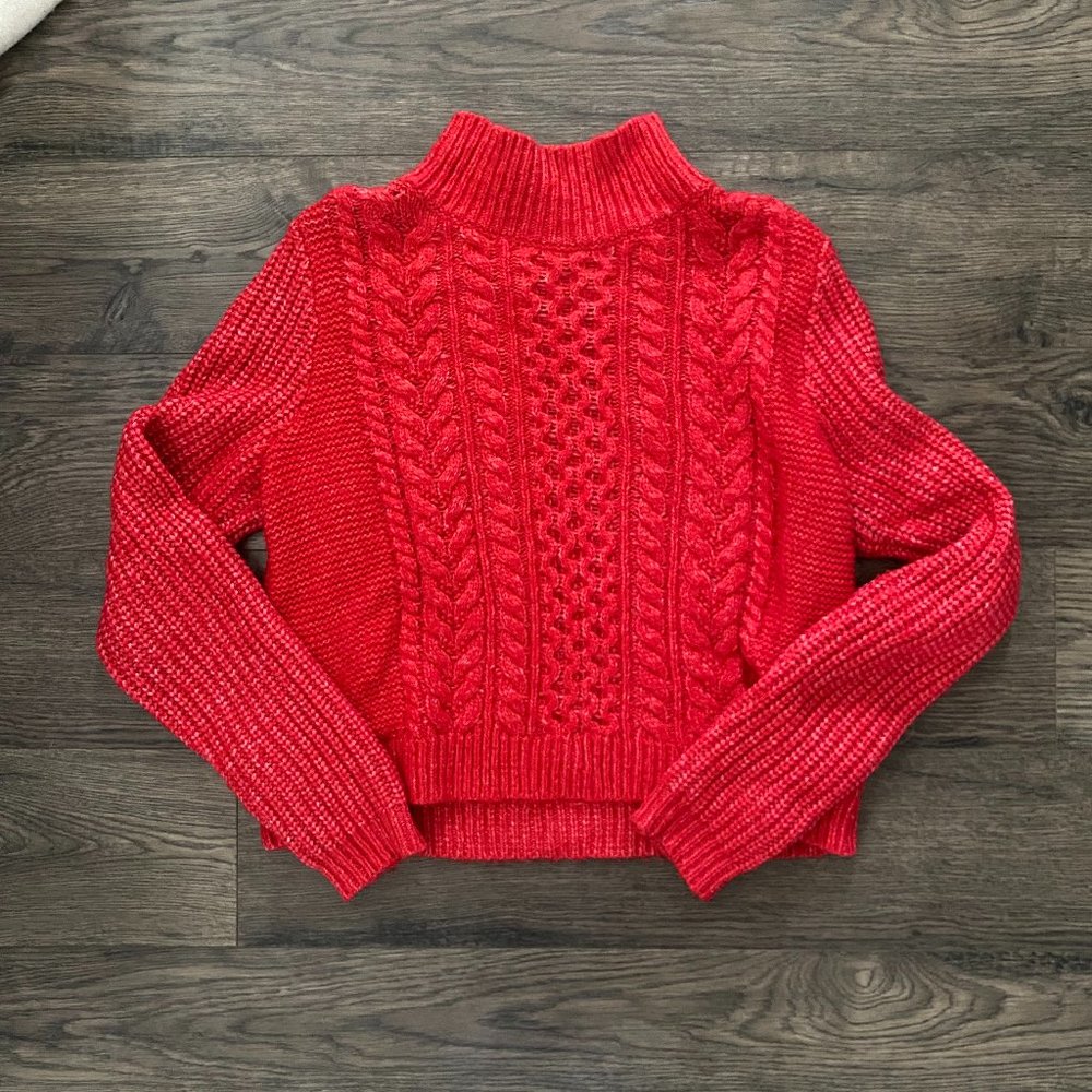 LOFT Bright Red Mock Neck Cable Knit Sweater - Valentine's / Christmas Sweater